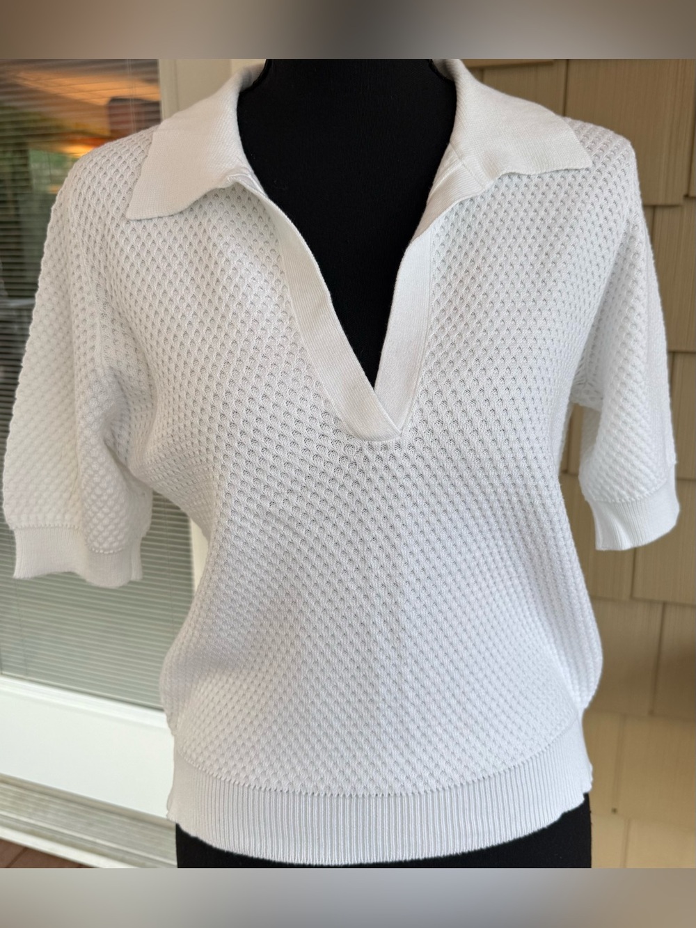 Autumn Cashmere White Cotton Knit Polo Top S Textured Short Sleeve Sweater